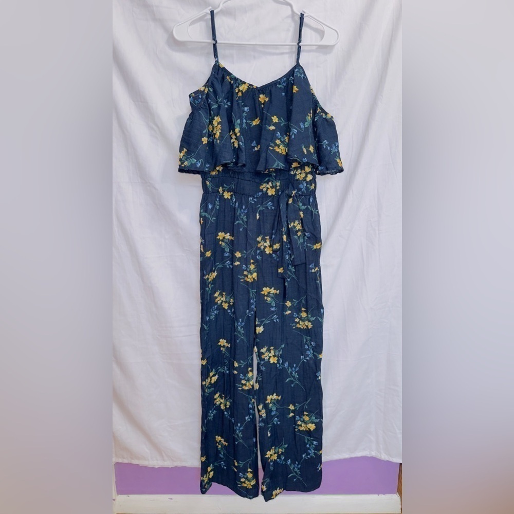 Sugar Lips Blue Floral Print Sleeveless Off The Shoulder Straight Leg Jumpsuit